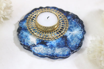Midnight Blue Resin Diya Holder with Intricate Gold Design"