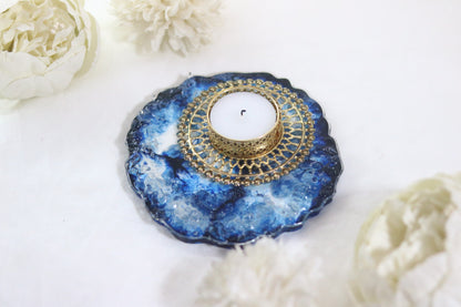Midnight Blue Resin Diya Holder with Intricate Gold Design"