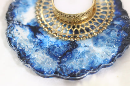 Midnight Blue Resin Diya Holder with Intricate Gold Design"