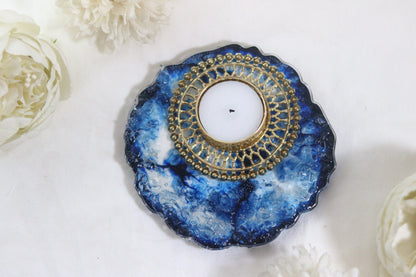 Midnight Blue Resin Diya Holder with Intricate Gold Design"
